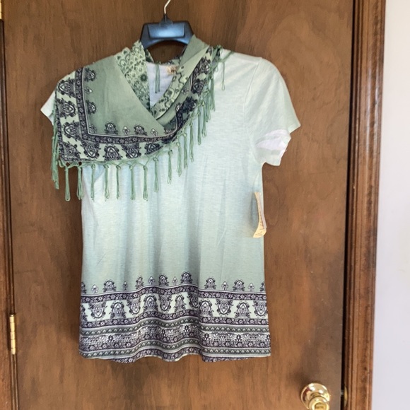 One World ombre sage top w boho print & matching scarf w fringe S - Picture 7 of 13